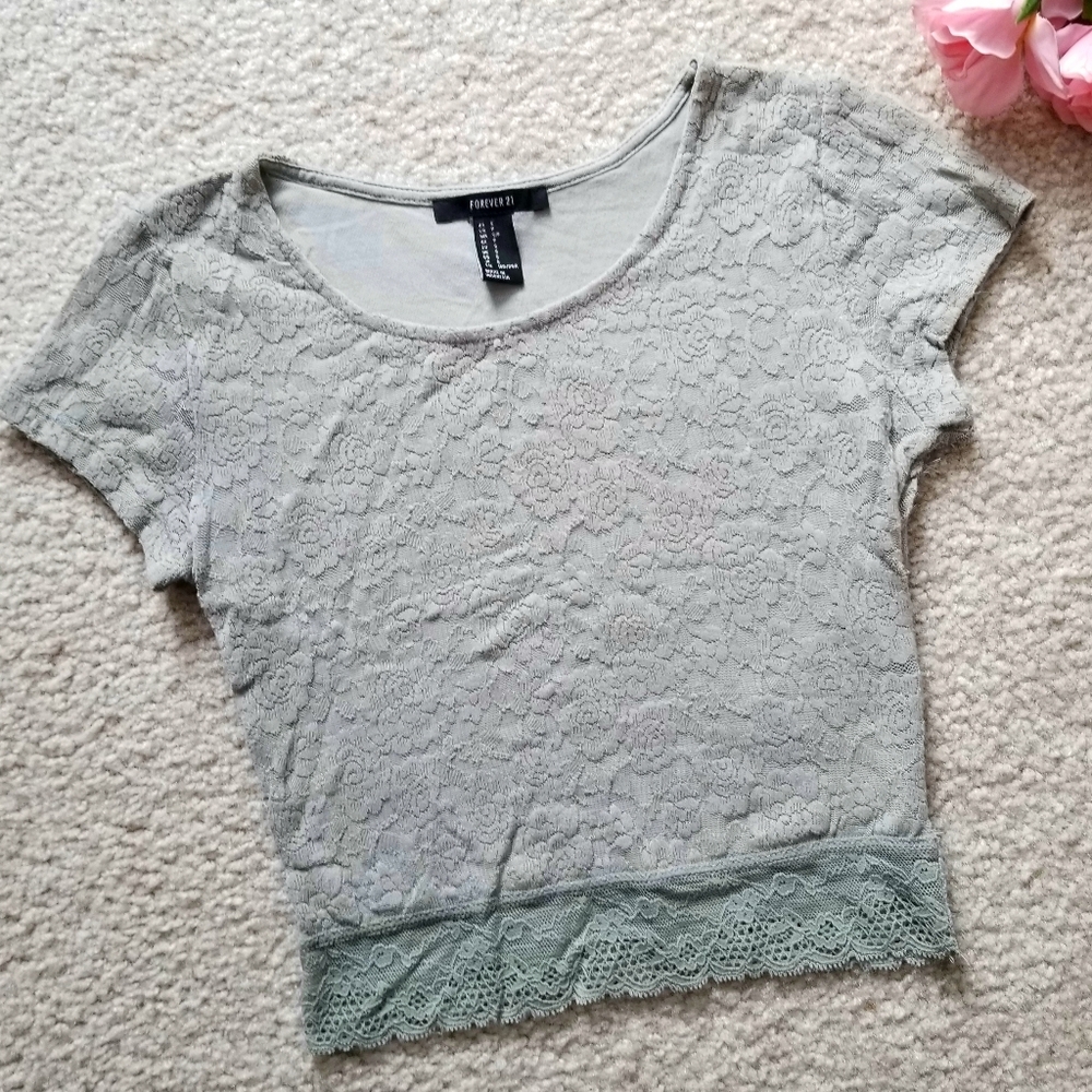 NWOT Cute Pastel Sage Green Lacey Floral Rose Crop Top
